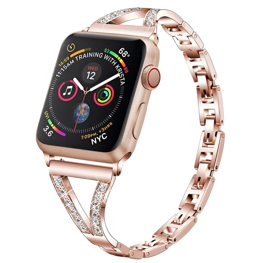 Stainless steel watch strap with diamond accents in rose gold finish, shown attached to a watch.