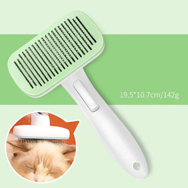 Blue automatic pet hair removal comb on a table, showing its size and one-click button.