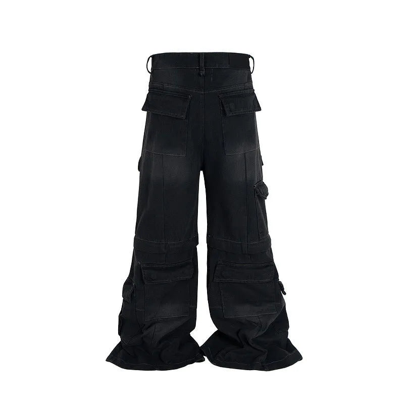 Detachable washed-out cotton overalls with multiple pockets in mid-waist style for teenagers