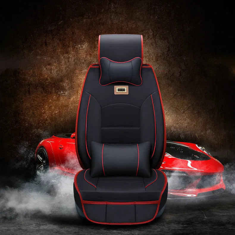 Five-seat car seat cushion cover set in leather-style material with cotton filler, available in multiple colours