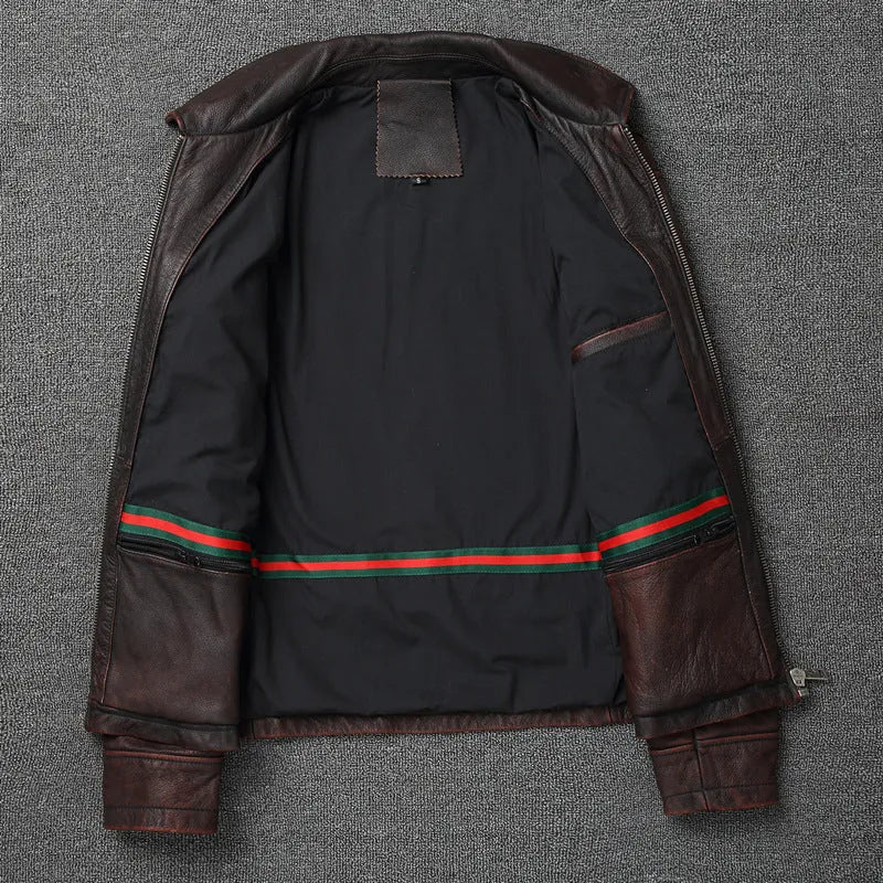 Men's short motorcycle leather coat in reddish brown with stonewashed distressed finish, front view