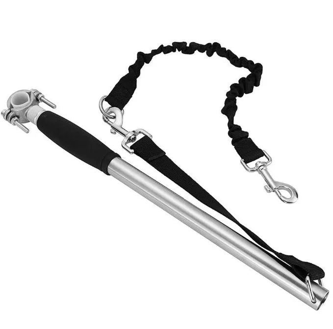Bicycle walking dog leash stainless steel 46x2.2cm in silver attached to bike