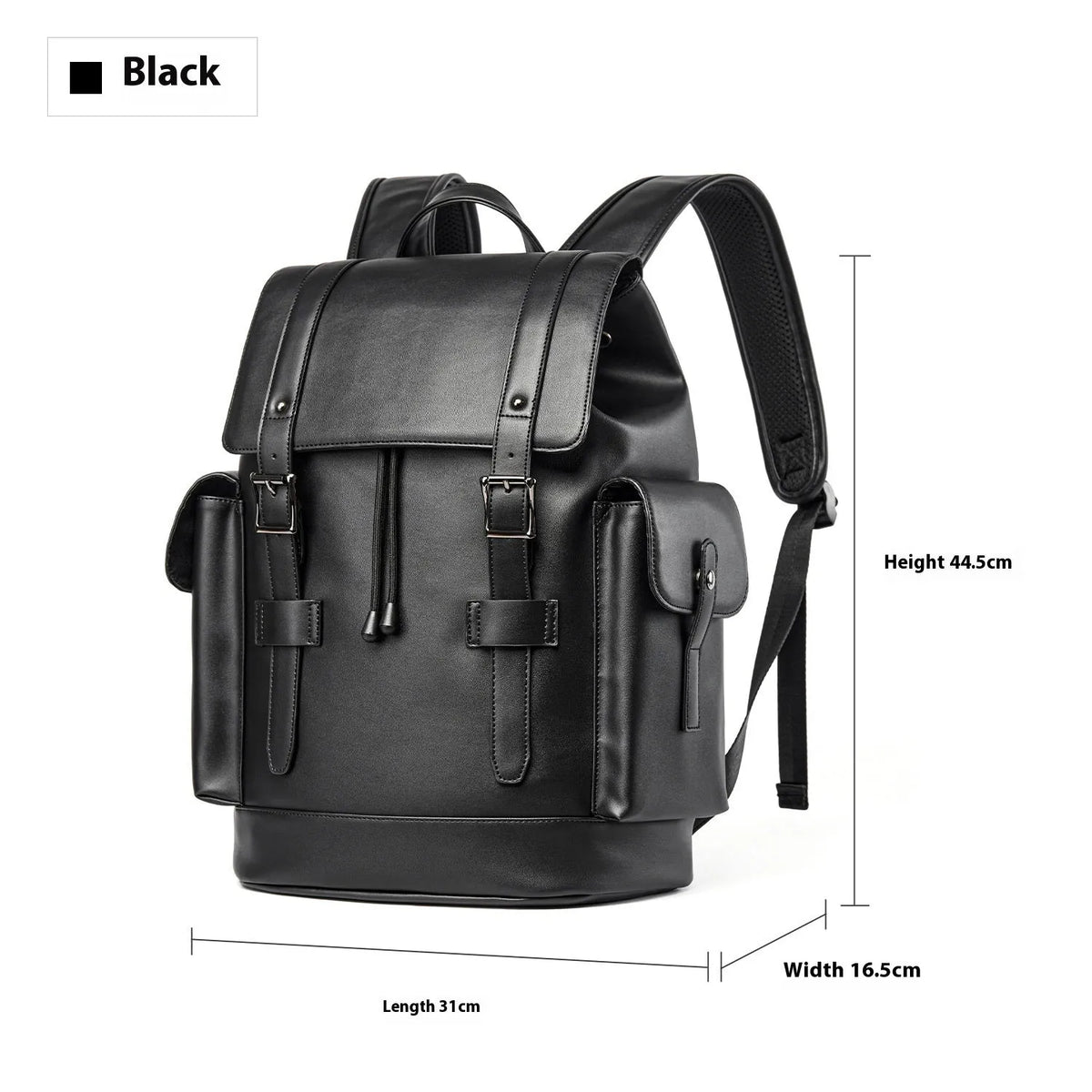 Men's black PU leather backpack with waterproof function, polyester lining and 20-35L capacity