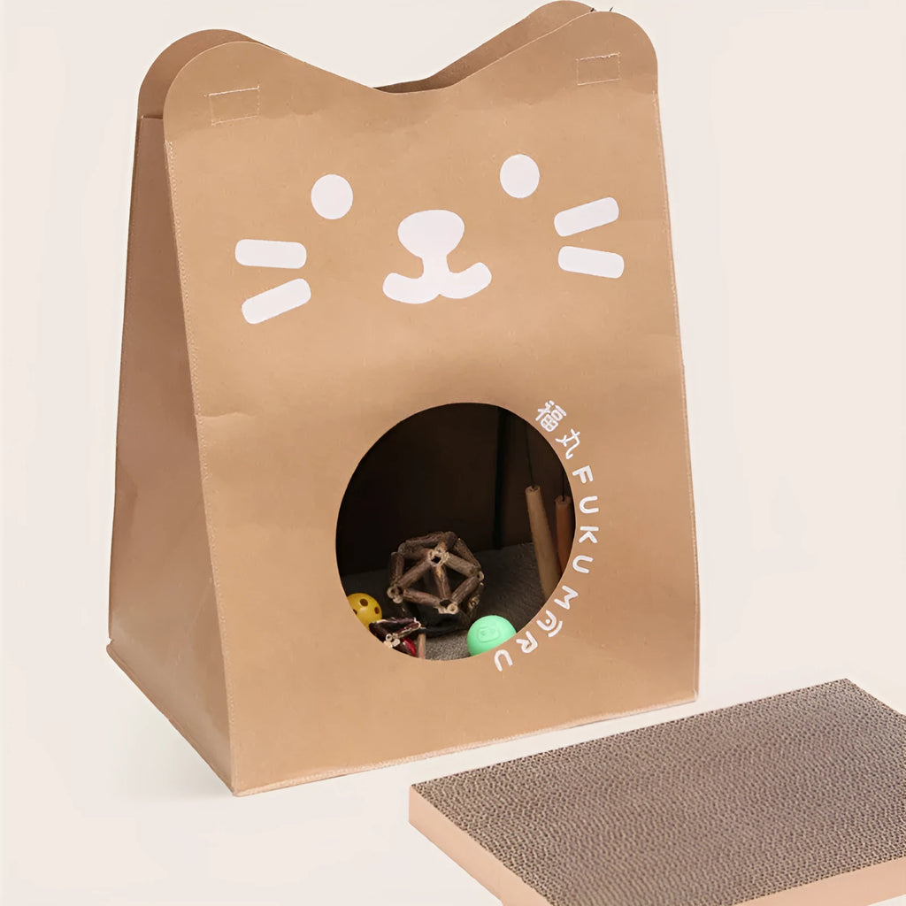 Brown washable kraft paper cat nest with integrated scratch board measuring 40cm by 30cm by 53cm