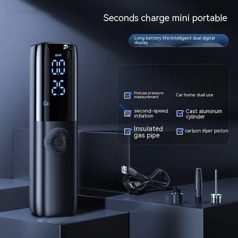 Black portable electric car air pump with ABS construction and tyre pressure gauge
