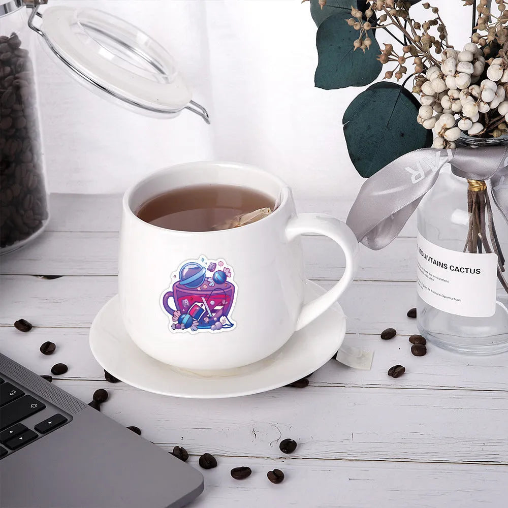 Nordic style colourful tea cup waterproof stickers 50-piece pack for DIY personalisation