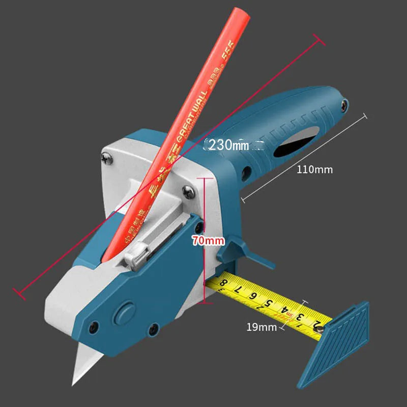 Blue multifunctional woodworking cutter with a one-press lock mechanism and scale for cutting boards.