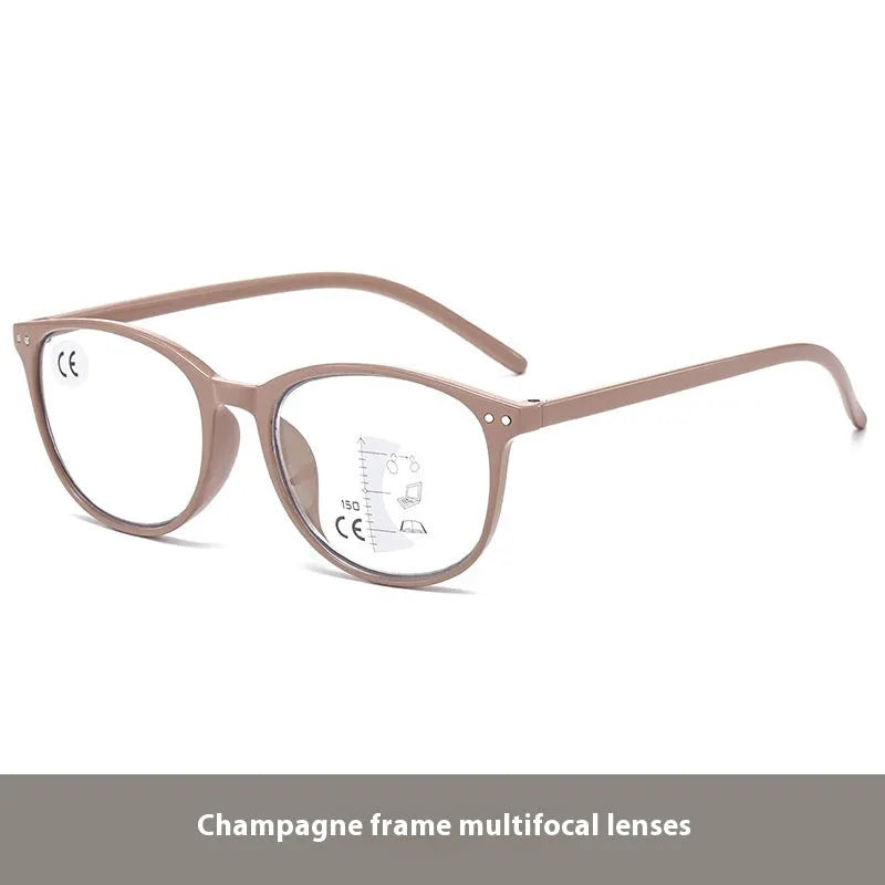 Women's multi-focus presbyopic glasses with lightweight frame in black and blue focus colour option