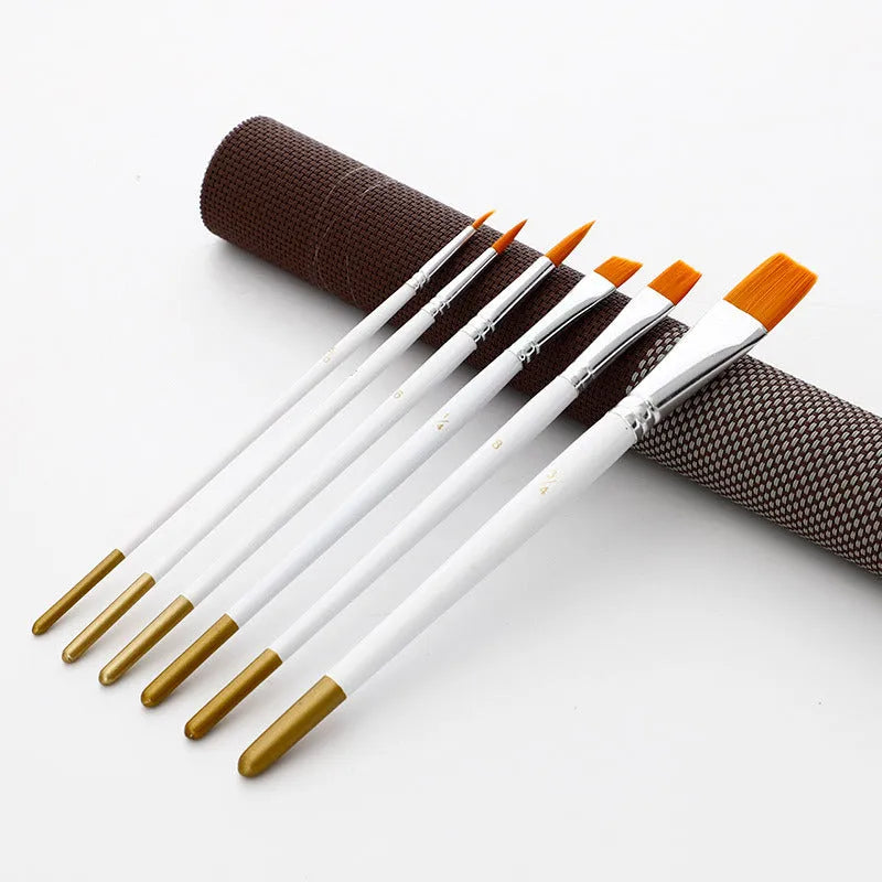 Set of six watercolour acrylic brushes with wooden handles, showing different brush sizes from small to large.