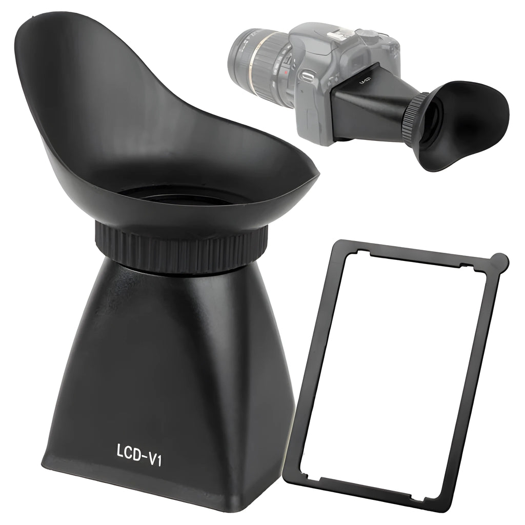 Black camera LCD framing amplifier with optical lens attached to a DSLR camera.