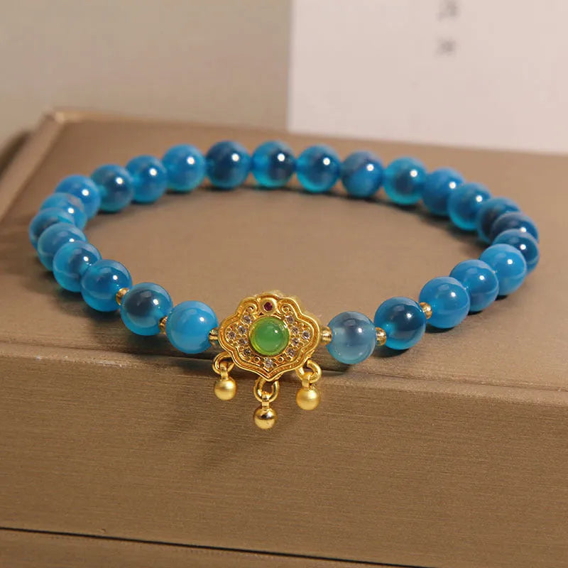 Blue sugar heart agate jade safety lock pendant women's bracelet with rhinestones and alloy inlay
