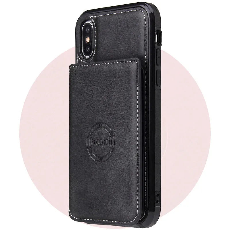 Imitation leather card wallet phone case for iPhone 11 in black, showing card slot on back.
