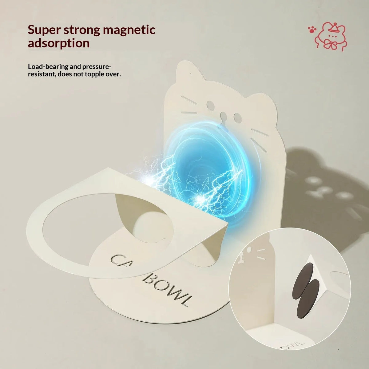 Ceramic cat food bowl with high-legged magnetic stand in beige, pink or yellow for raised cat feeding