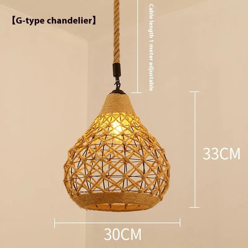 Hemp rope retro industrial chandelier ceiling light with natural rope texture over metal frame