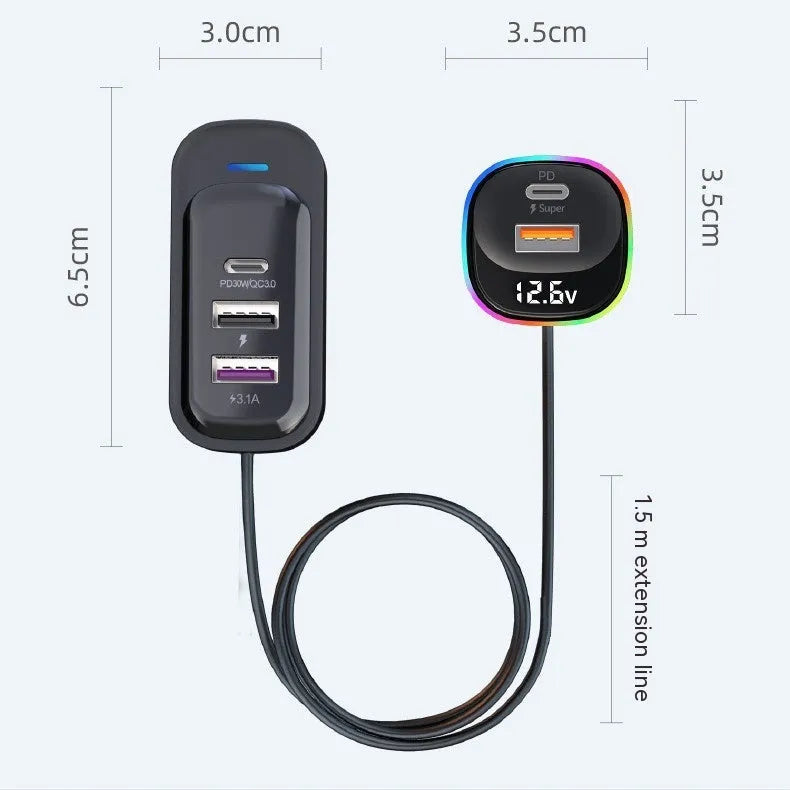 Black multi-function vehicle-mounted car charger with direct plug power supply, model YQ5, 10 x 4.5 x 13.7 cm packing size