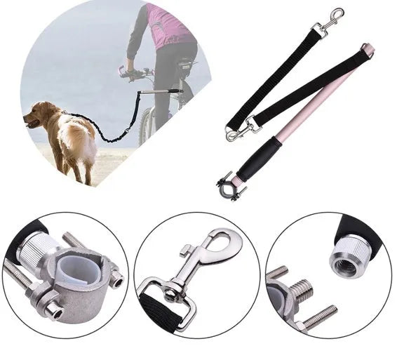 Bicycle walking dog leash stainless steel 46x2.2cm in silver attached to bike