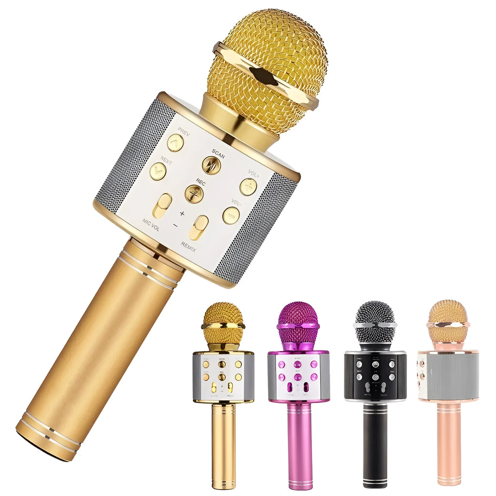 Wireless Bluetooth mini karaoke microphone speaker in black with LED light effects for home singing