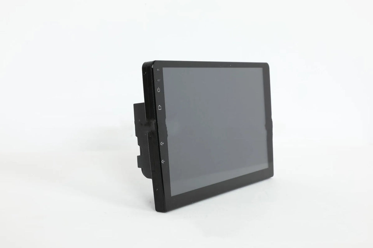 Black 10.1 inch universal Android car head unit with touch screen display on a trapezoidal panel