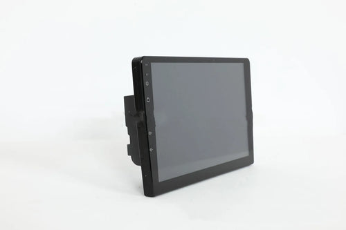 Black 10.1 inch universal Android car head unit with touch screen display on a trapezoidal panel