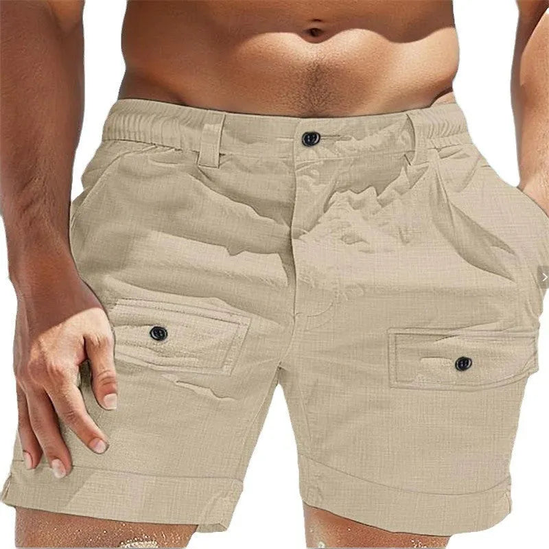 Men's khaki linen shorts with button front and elastic waistband laid flat