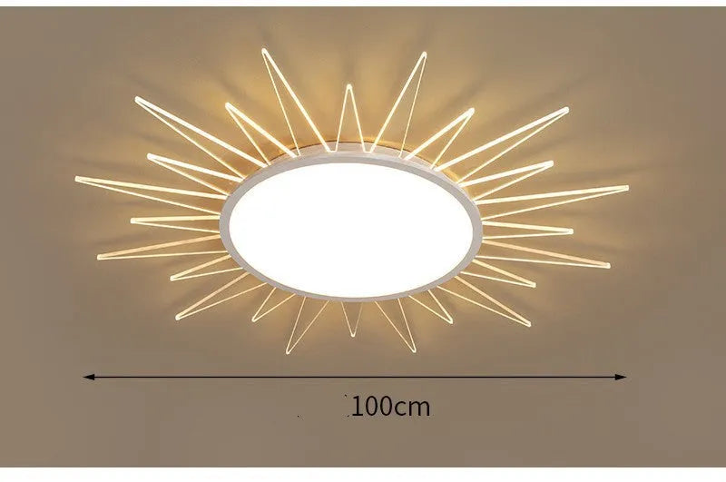 Modern round aluminium LED ceiling lamp showing size options and remote control dimming feature