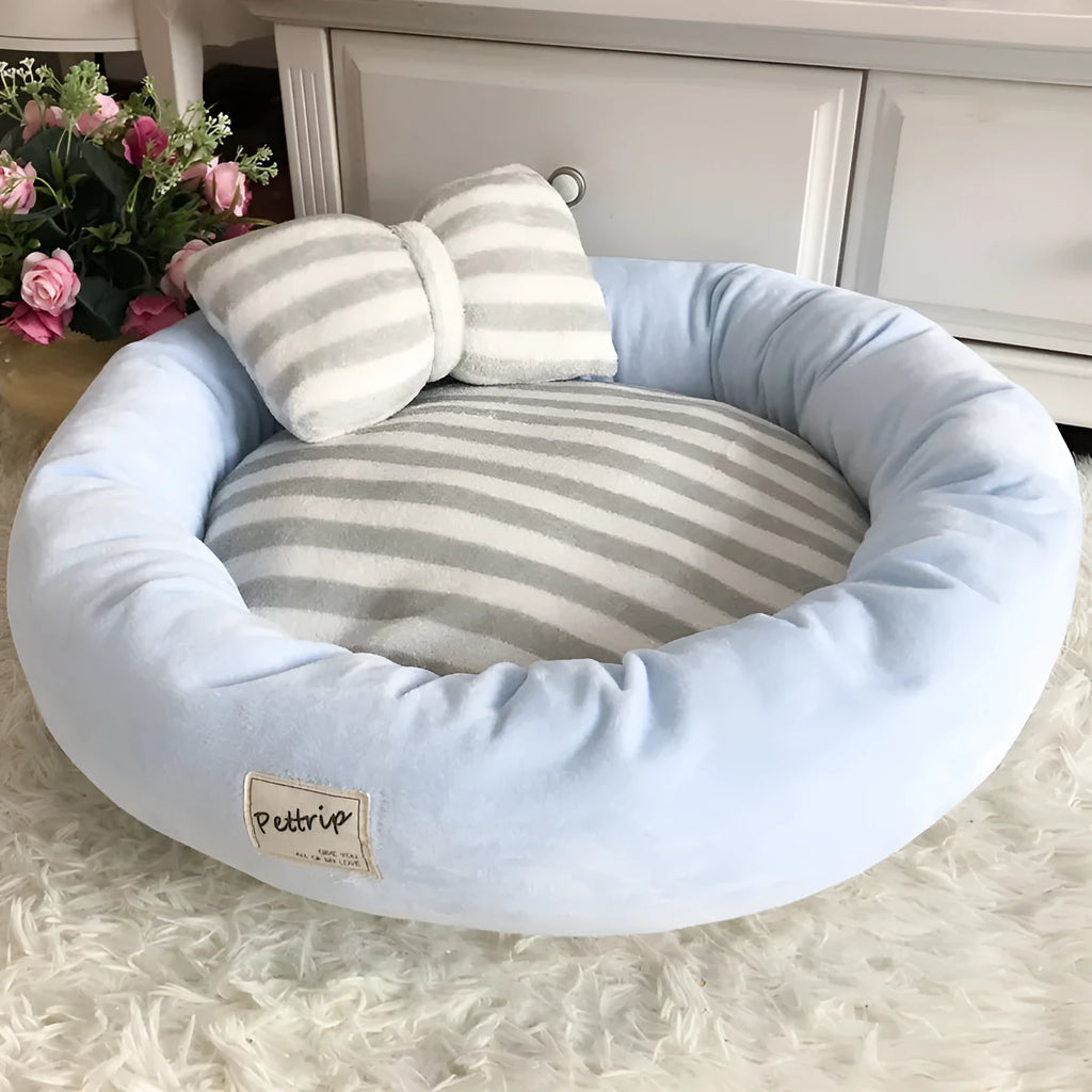 Plush cloth dog kennel in light blue size L 65cm diameter for small pets