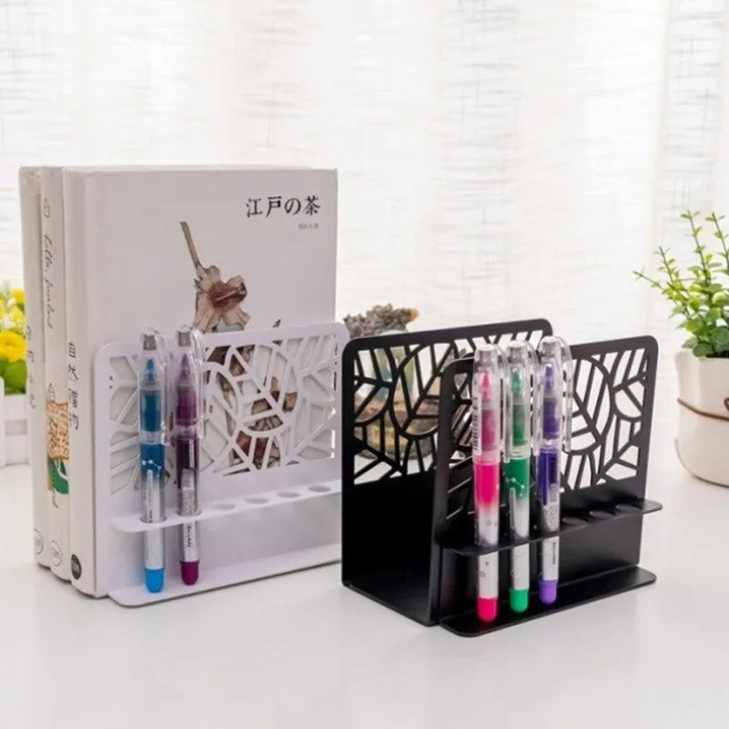 White Nordic style steel plate bookend set with six-hole pen holder and rounded corners on a desk