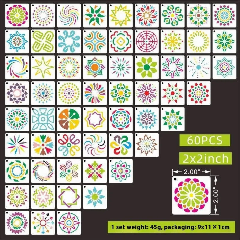 Milky white PET film spray painting stencil sheets with hollow-cut animal, flower, letter, and mandala designs.