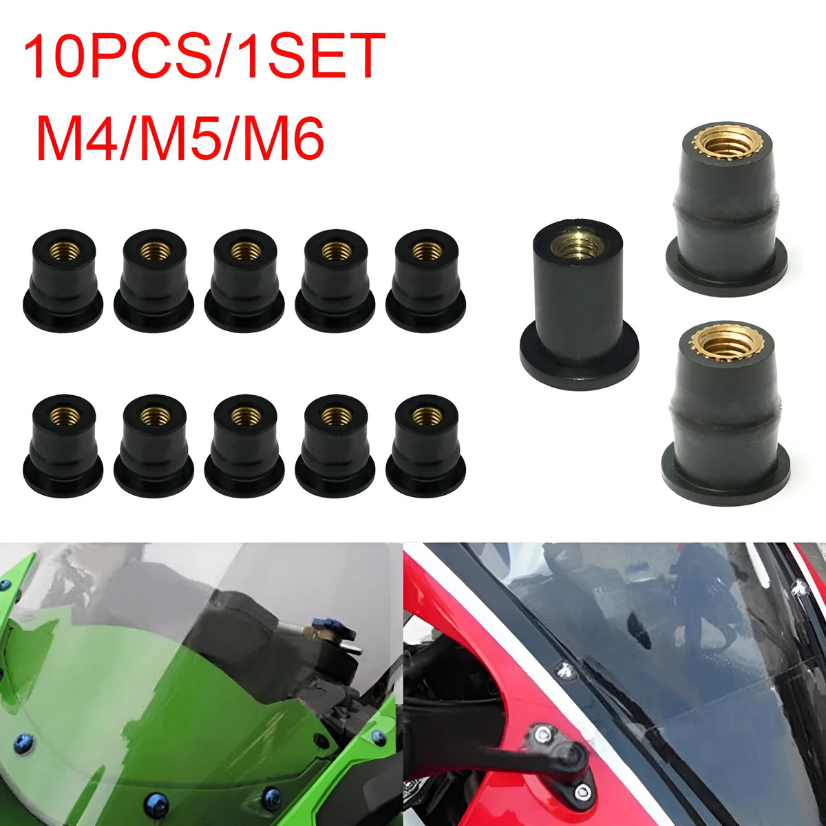 Black rubber brass nut expansion fasteners for motorcycle windshield installation in M4 M5 M6 sizes