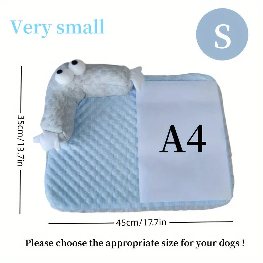 Blue pet bed with monster design showing breathable polyester fabric and non-slip base