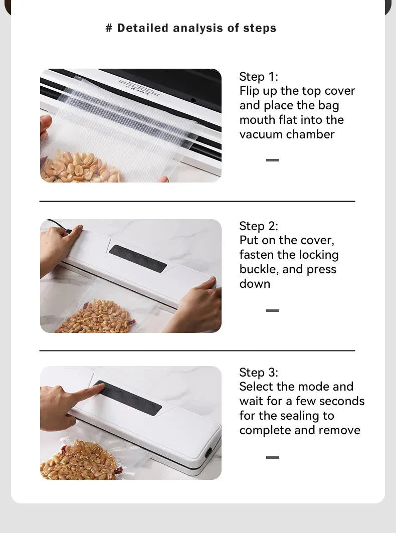 White automatic vacuum sealing machine for household food preservation with compact design