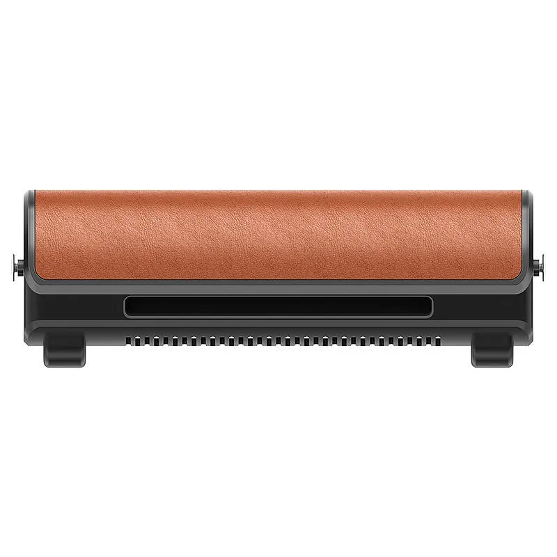 Car mounted bladeless fan with USB power cord in black, brown and red colour options showing compact dimensions