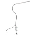 Silver LED clip-on table lamp with long arm extended, showing aluminium alloy construction and USB cable.