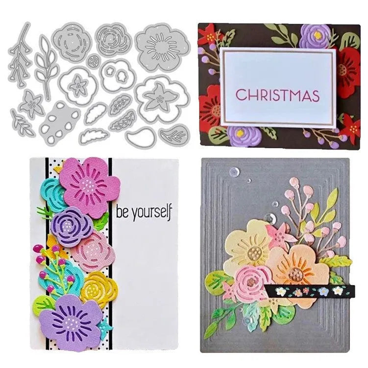 Silver carbon steel flower paper cutting die measuring 14.3 by 9.9 centimetres.