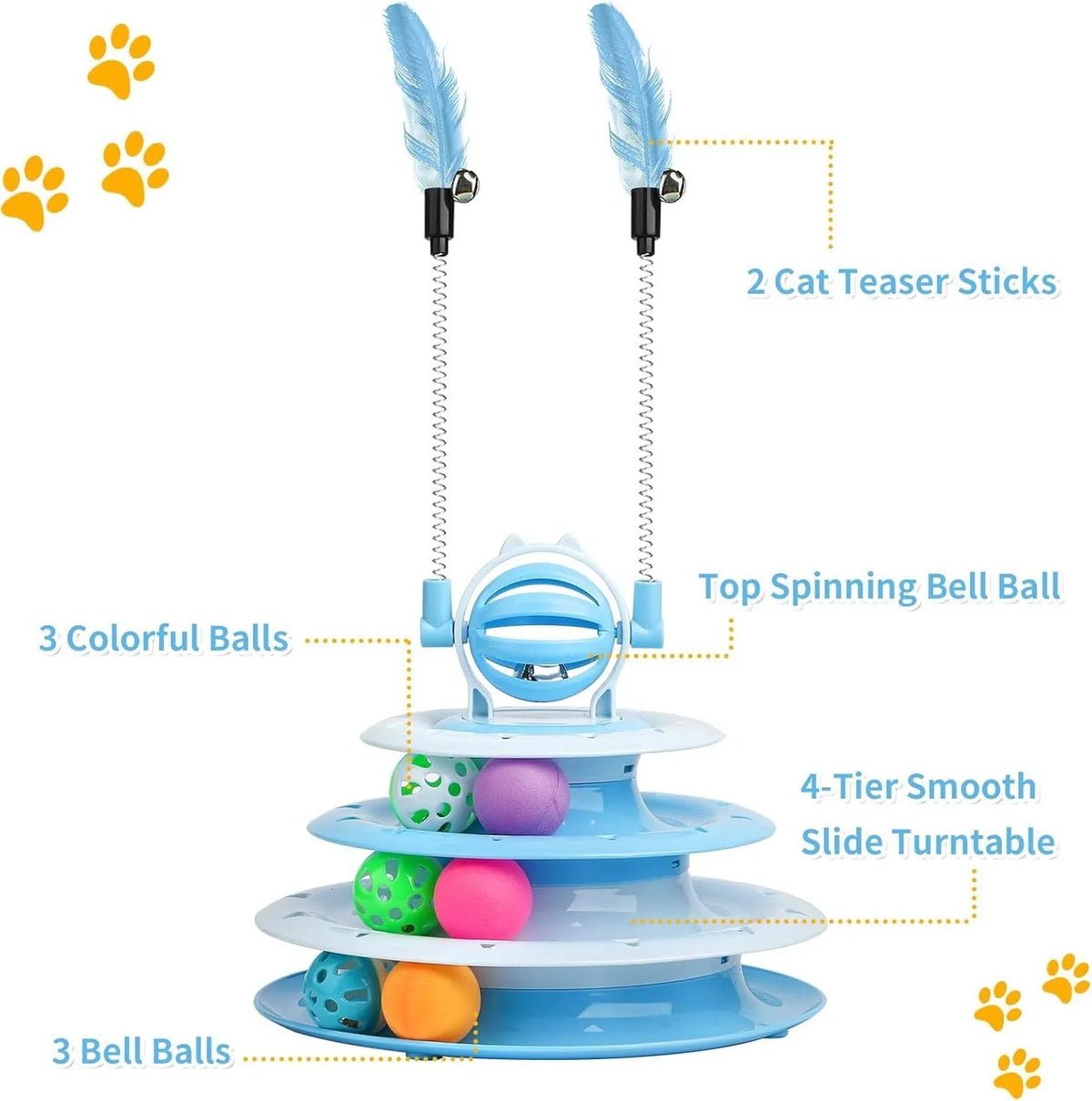 4-tier interactive cat puzzle ball toy with six coloured balls, two teasing rods, and bell on top