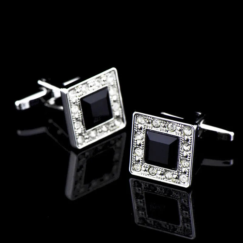 Black crystal French cufflinks with button feet for formal shirts, one pair