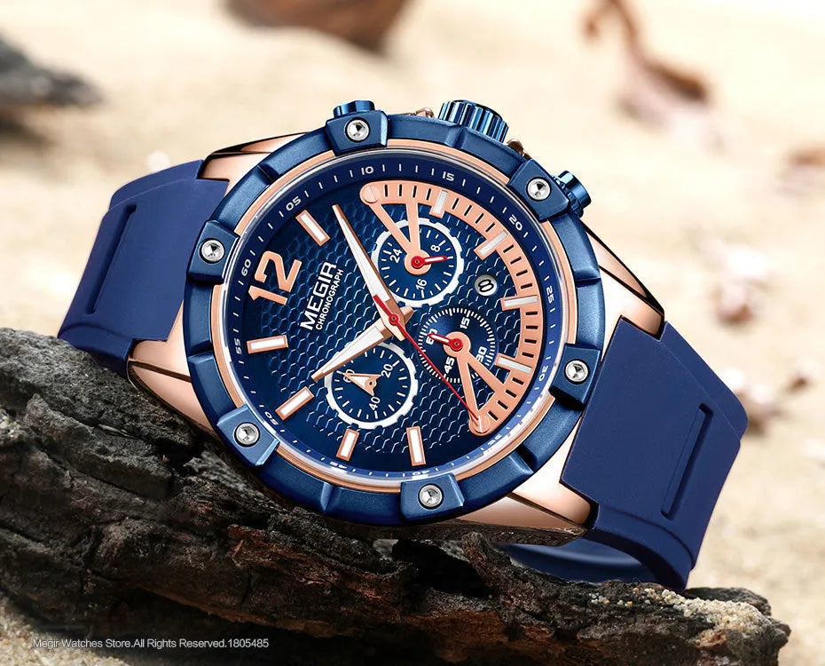 Men's fashion watch with 48mm case, chronograph, luminous hands, and 3 ATM water resistance in rose black.
