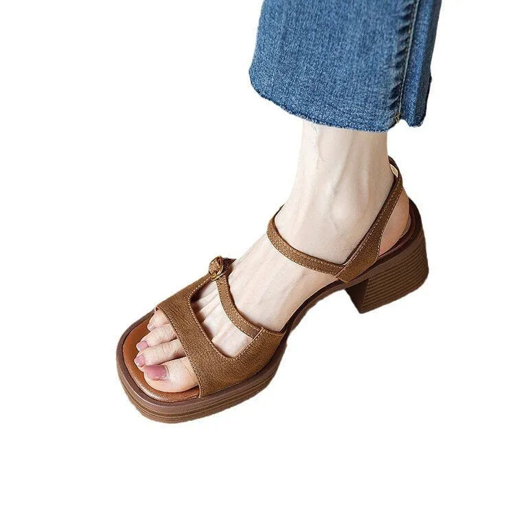 Women's retro platform sandals with square toe open design in brown colour