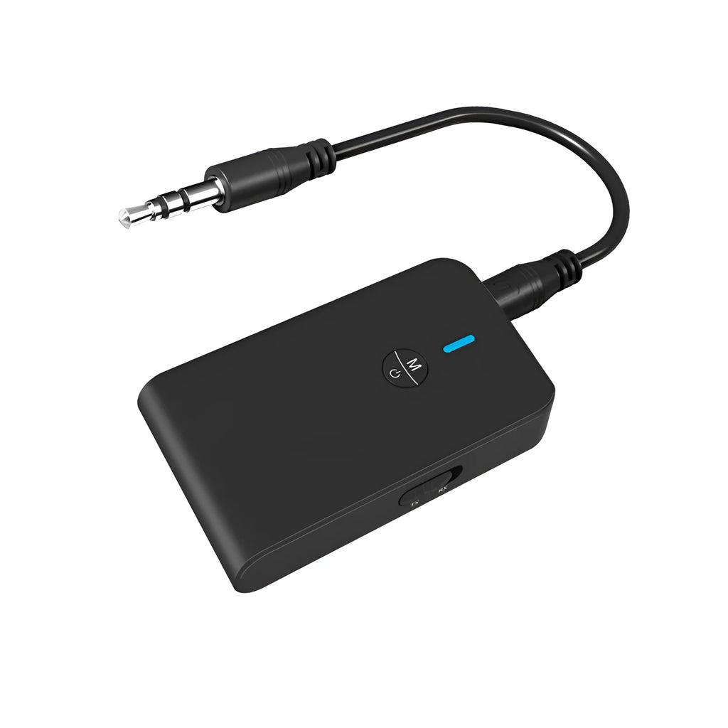 Black Bluetooth audio adapter with 3.5mm AUX jack and USB cable for wireless streaming