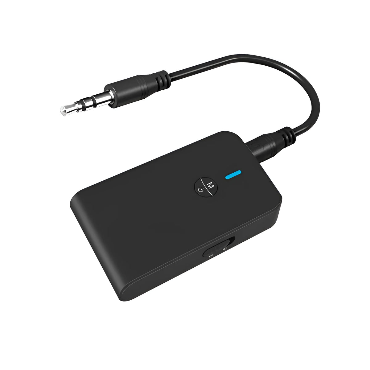 Black Bluetooth audio adapter with 3.5mm AUX jack and USB cable for wireless streaming