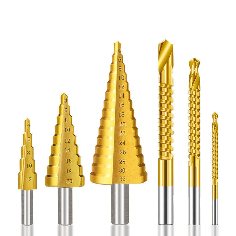 High speed steel cone drill bit and centre punch set showing colour-coded options and step drill design