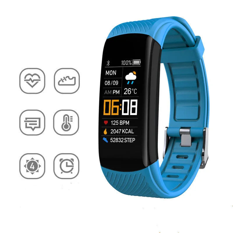 Black TPU sports pedometer bracelet with 0.96-inch screen displaying fitness metrics