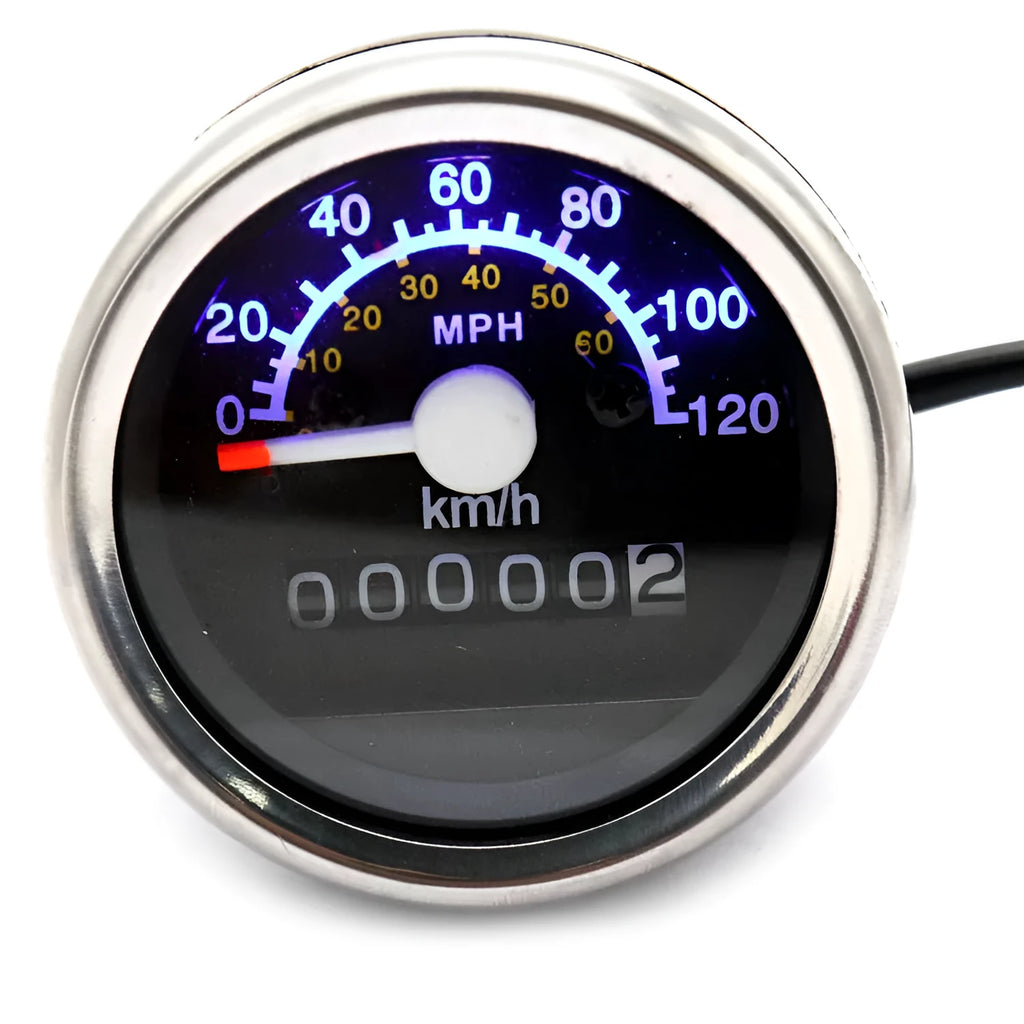 Black round motorcycle mechanical speedometer with dual kilometer and mile scales, 61.5mm diameter, 12V