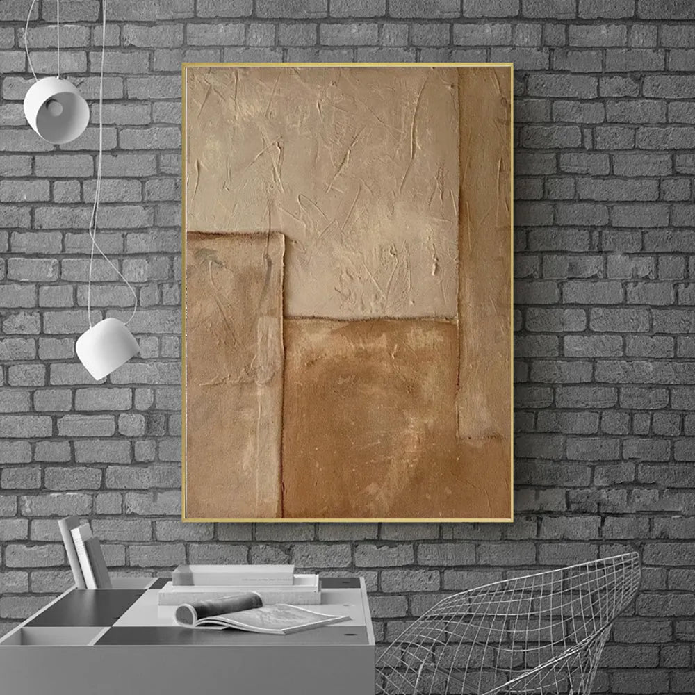 Handmade abstract oil painting on canvas, brown vertical wabi-sabi wall art, unframed one panel