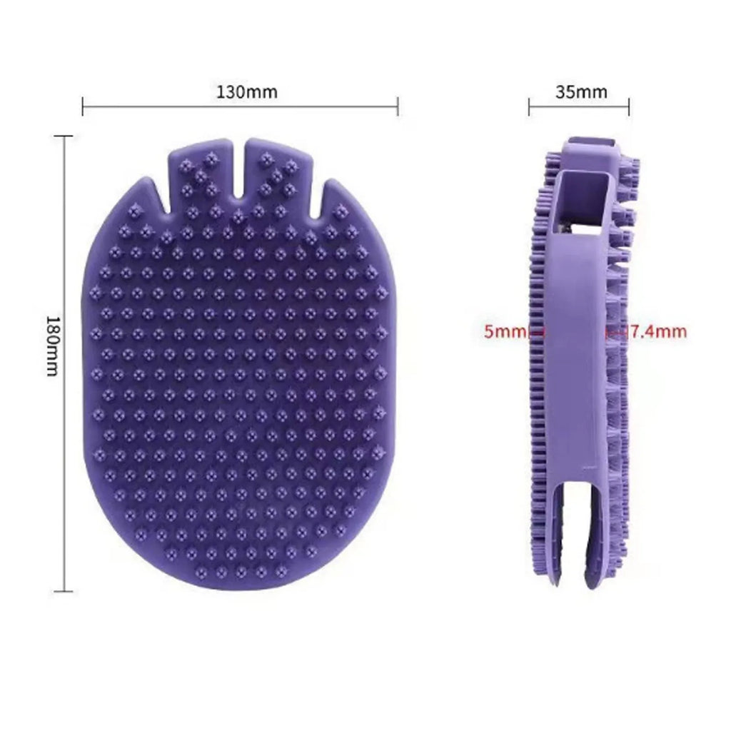 Purple massaging pet shampoo brush with soft TPR bristles for dog grooming