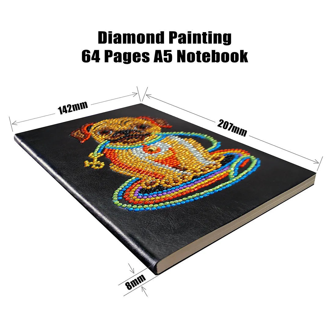 Black A5 DIY diamond painting notebook open showing pages for glitter artwork
