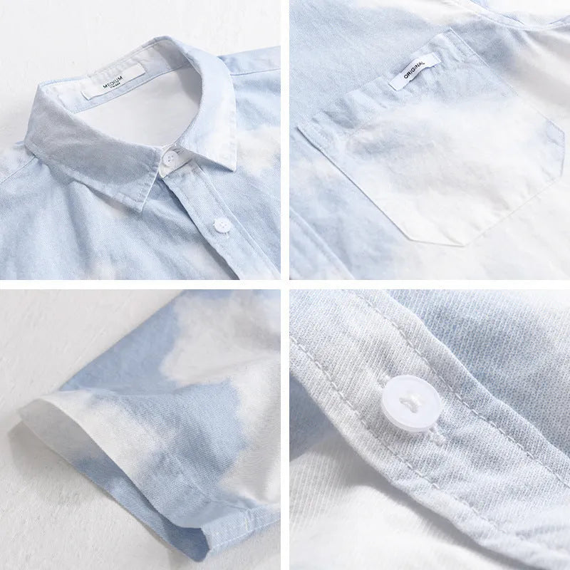 Men's light pink pure cotton short-sleeved shirt with a loose cardigan fit on a hanger.