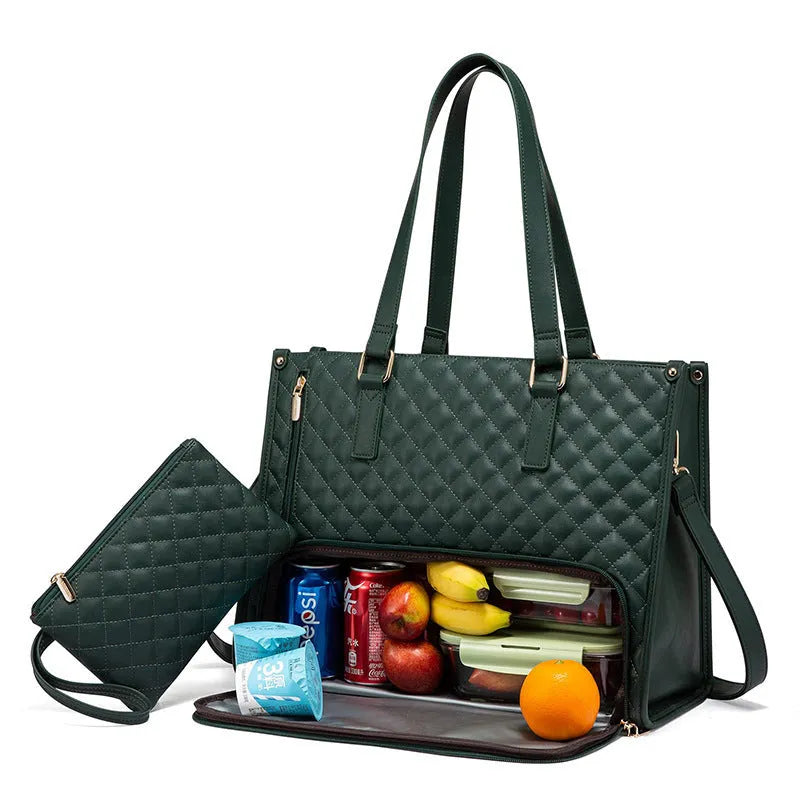 Women's quilted 2-in-1 thermal lunch tote bag with purse, 42 x 32cm, artificial leather, crossbody laptop storage