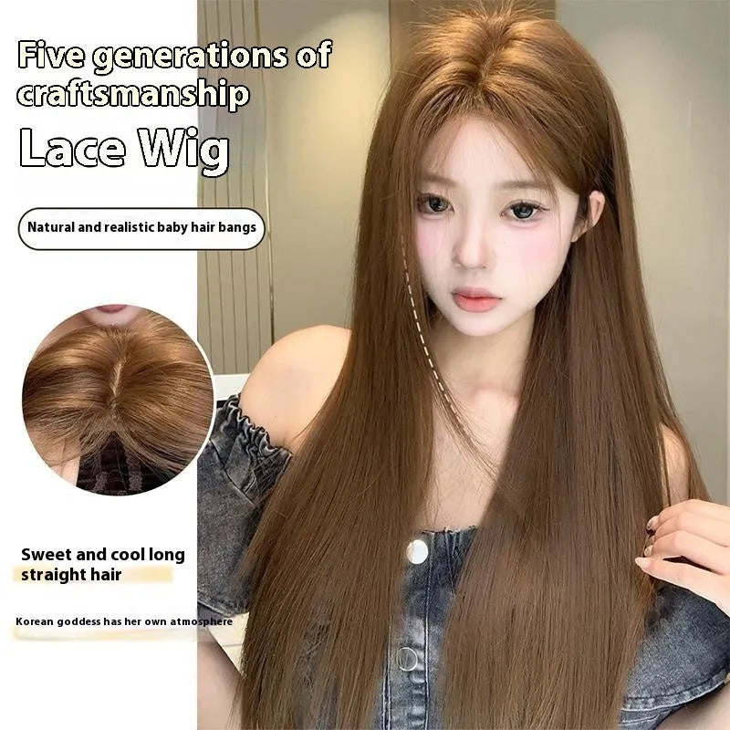 Women's warm brown wig with centre-parted bangs and long straight hair style showing forehead lace detail