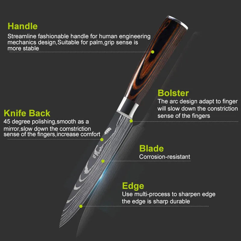 Kitchen chef knife with laser Damascus pattern on 5Cr15 steel blade and colour steel handle